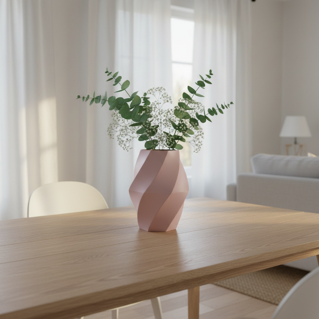 Dusty pink swirled vase on oak dining table with eucalyptus and white flowers, bright Scandinavian living room