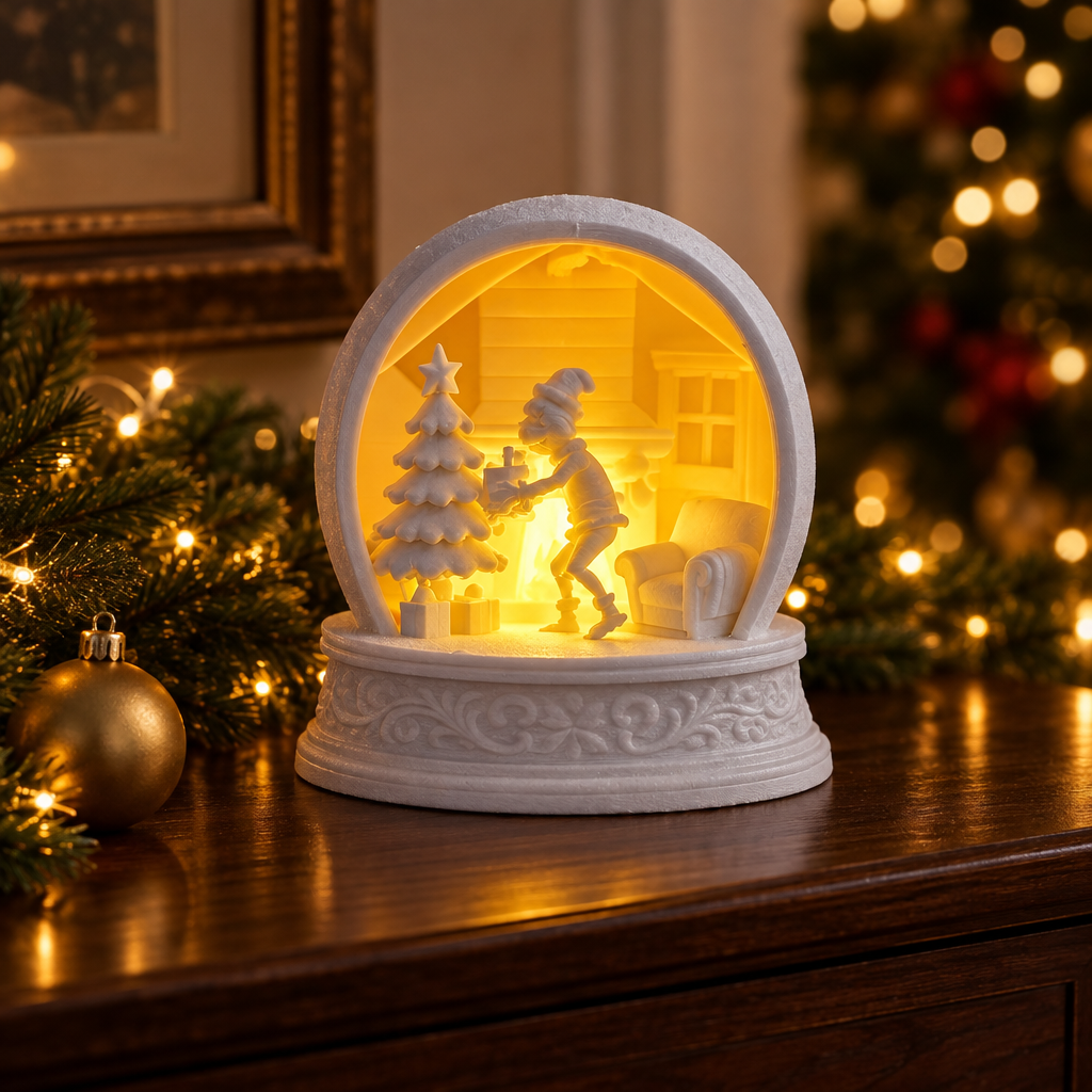 White Grinch tealight holder on a wooden console with soft Christmas lights