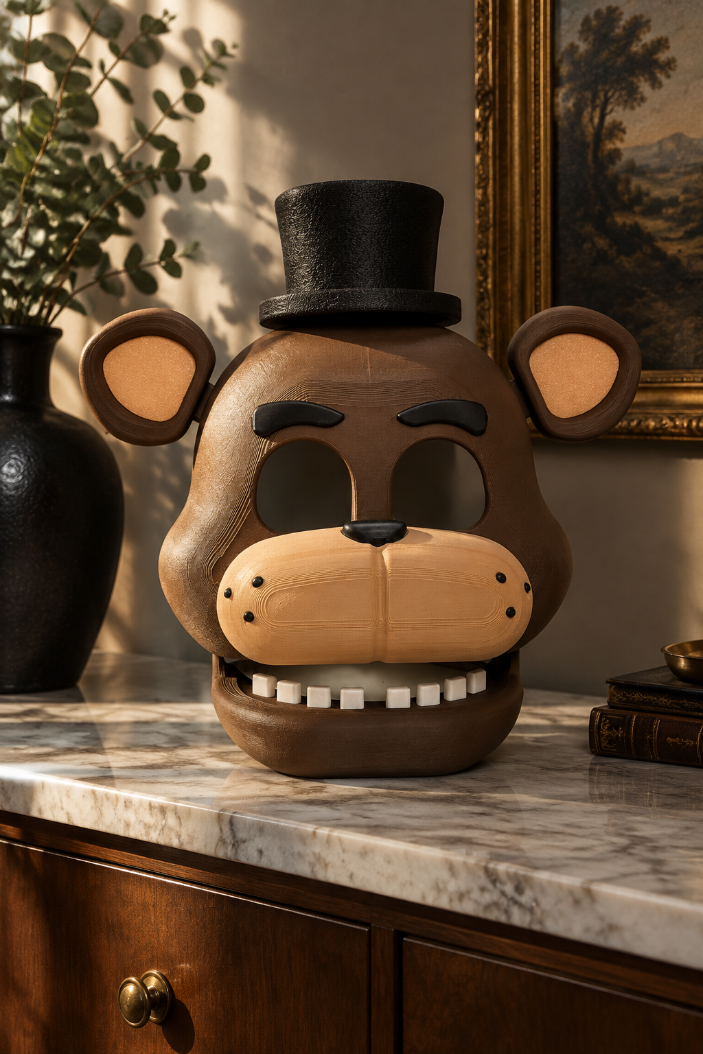 Brown bear Five Nights at Freddy's mask with black top hat on a marble sideboard