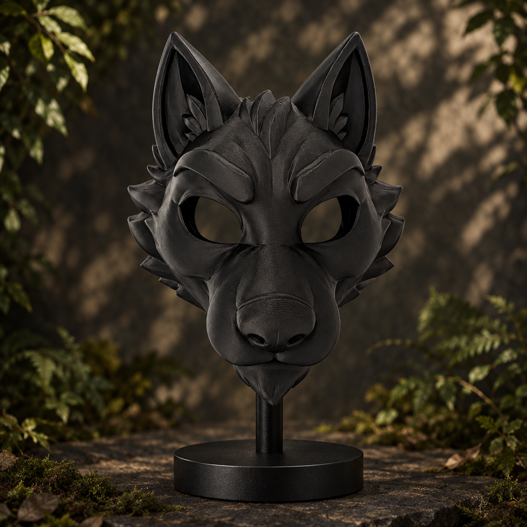 Matte black Dire Wolf fantasy mask on display in a woodland-fantasy studio, without a strap