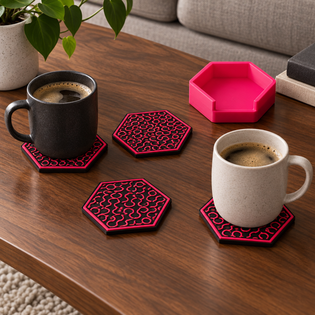 Four Truchet coasters on walnut coffee table