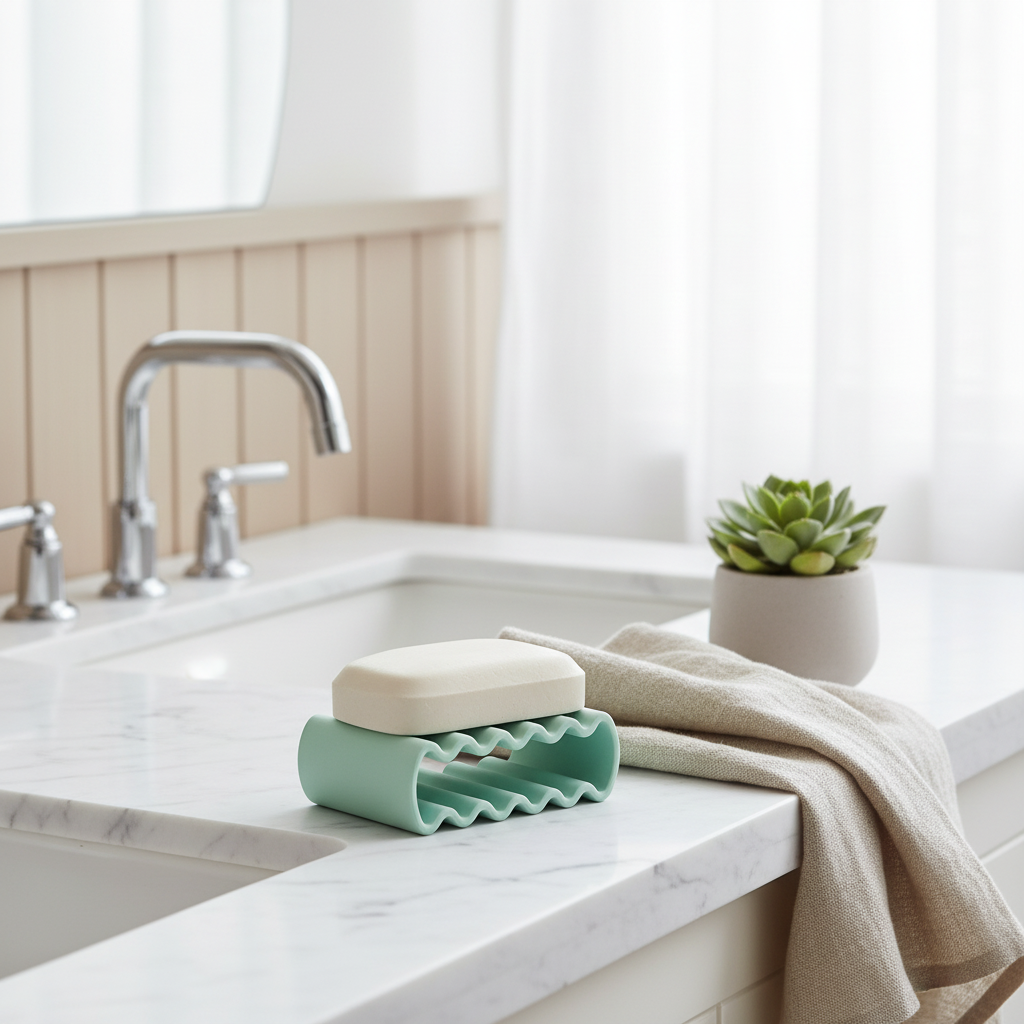 Wibble Soap Dish sage green on marble bathroom counter with succulent
