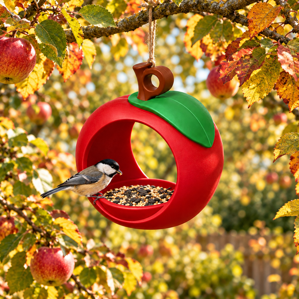 Apple bird feeder among autumn orchard leaves