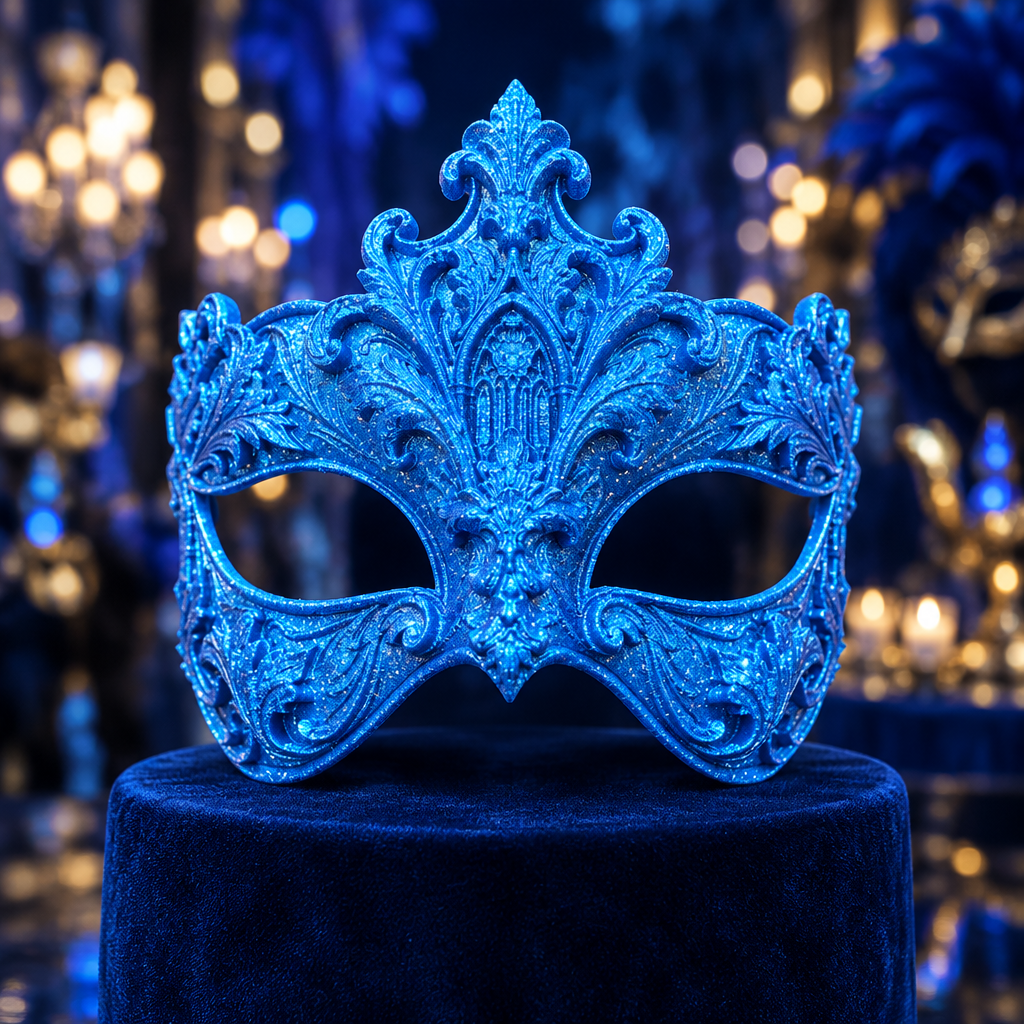 Glittery neon blue ornate masquerade mask at a night carnival, no strap included