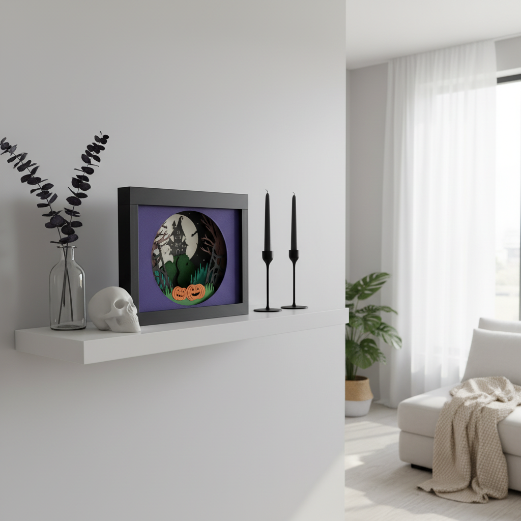 Halloween Haunted Mansion Shadow Box displayed unlit on a white shelf in a bright modern home