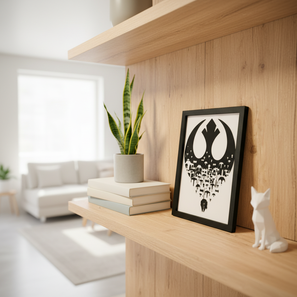 Sparks of Rebellion shadow box leaning on a minimalist shelf beside books a plant and a figurine