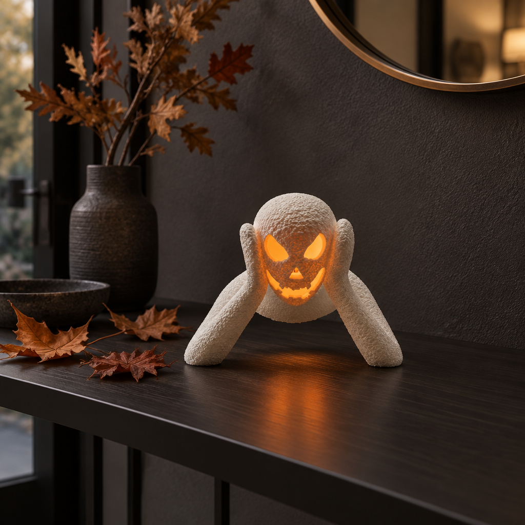 NOBODY LANTERN glowing on a dark entryway console with autumn leaves