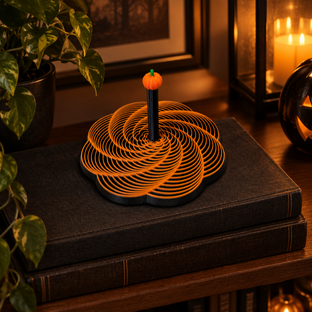 Black and orange spiral fidget displayed on dark books