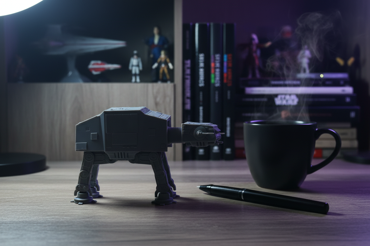Star Wars AT-AT Springie on a dark desk next to a pen and coffee mug showing miniature desktop toy scale
