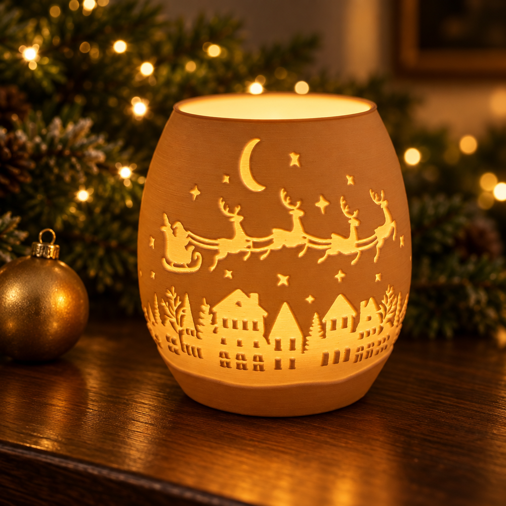 Santa sleigh tealight holder styled on a wooden console with warm Christmas lights