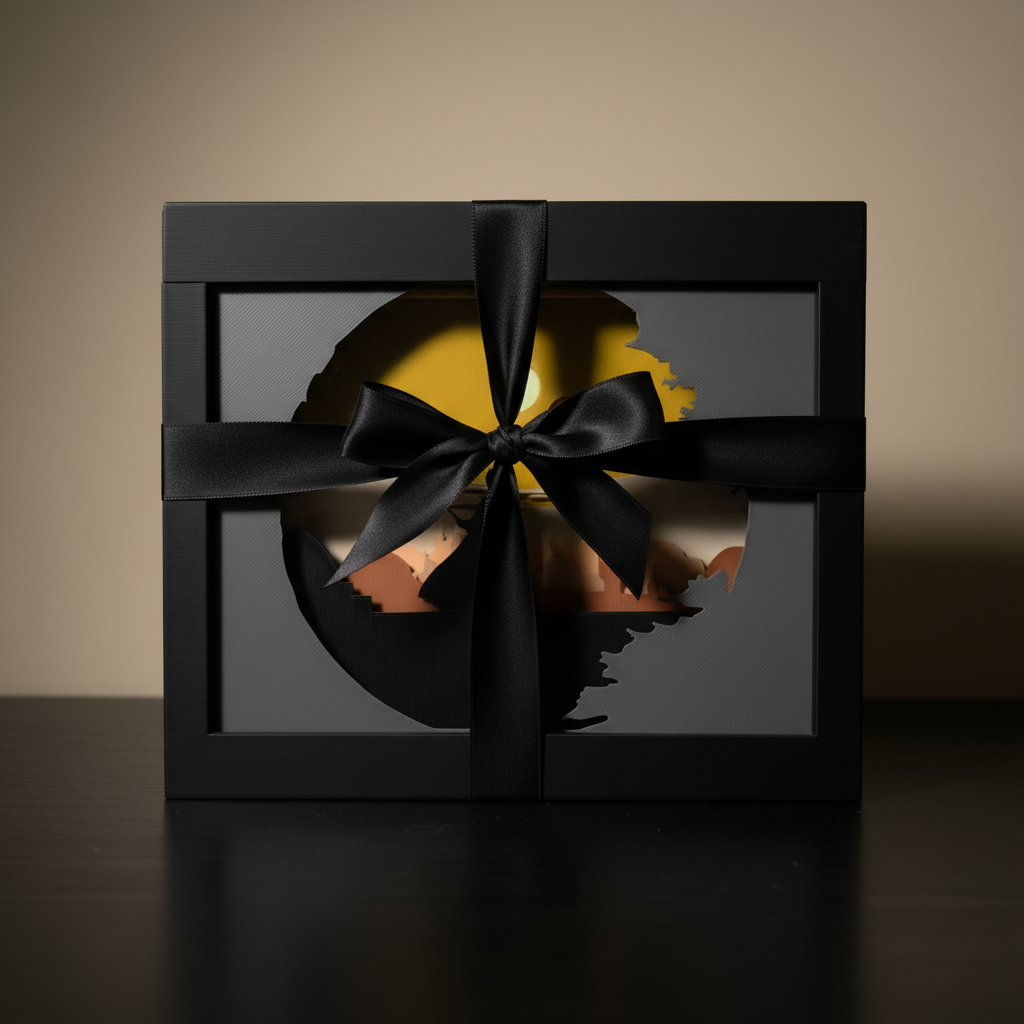 Darth Vader Homecoming shadow box presented as a premium gift with matte black ribbon