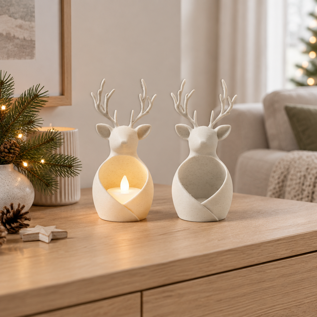 Beige reindeer tealight holders on a light oak console with subtle Christmas décor