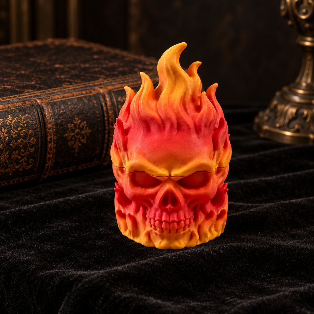 Flaming Skull Herb Grinder on black velvet