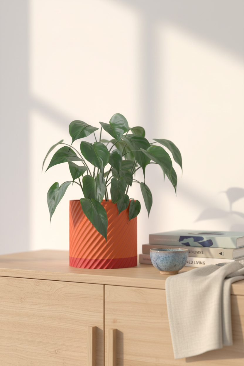Twist Texture Self-Watering Planter terracotta orange on oak sideboard living room