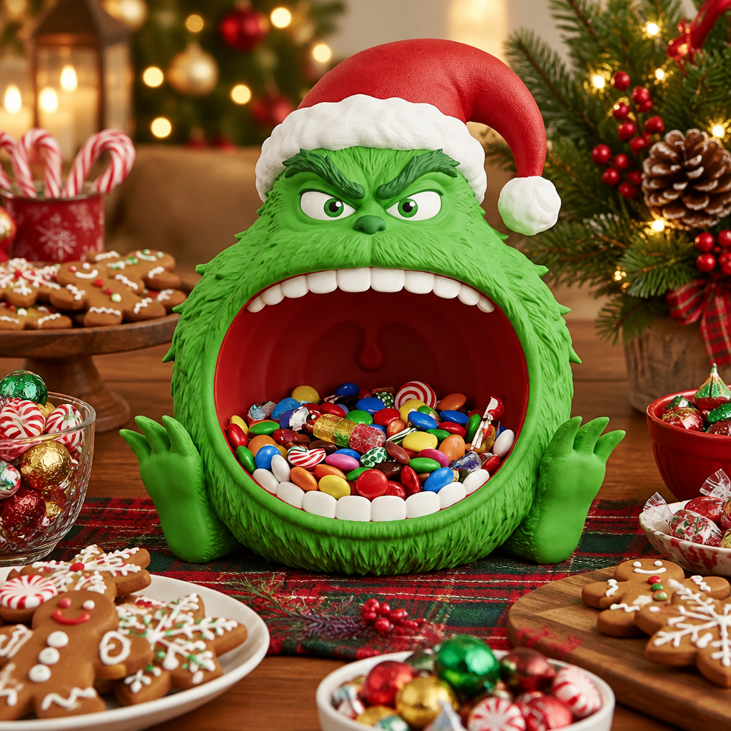 Christmas sweet bowl on a table of wrapped festive treats