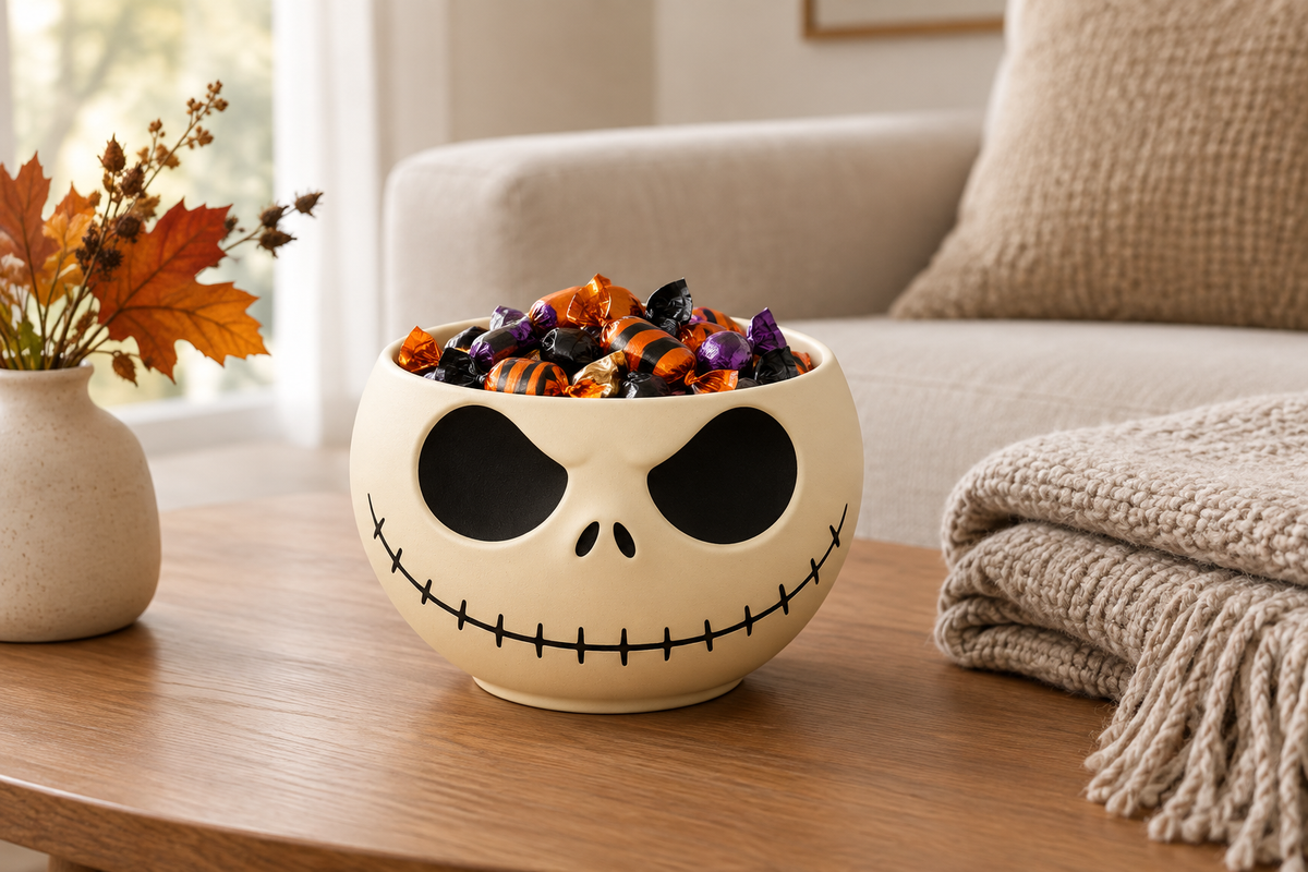 Skull-faced cream bowl filled with wrapped sweets on a living room coffee table