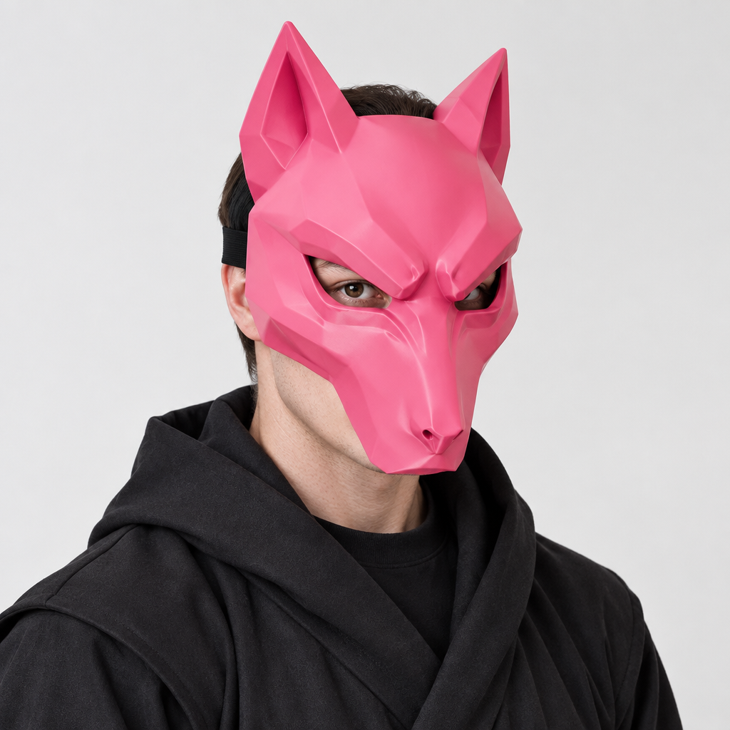 Pink Kitsune Wolf Mask worn for cosplay in a neutral studio