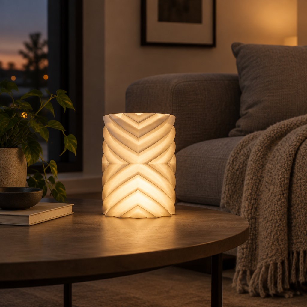 Geometric lampshade glowing on a coffee table in a lounge corner with a grey sofa