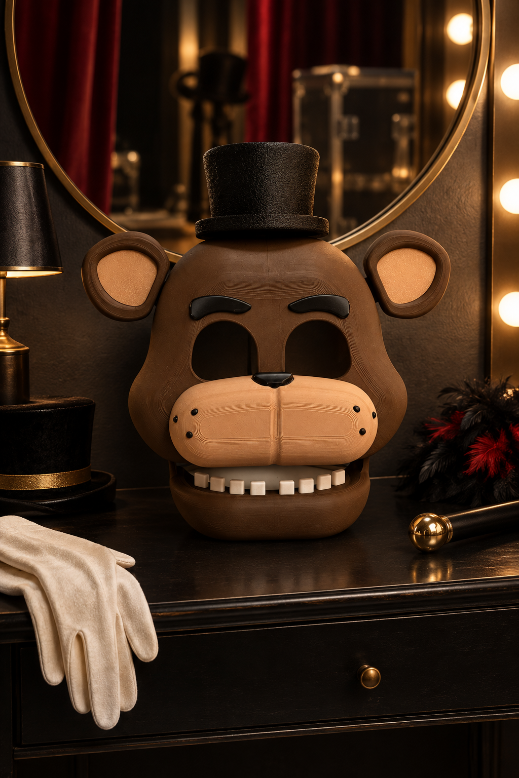 Brown bear Five Nights at Freddy's mask with black top hat on a black console beneath a round mirror