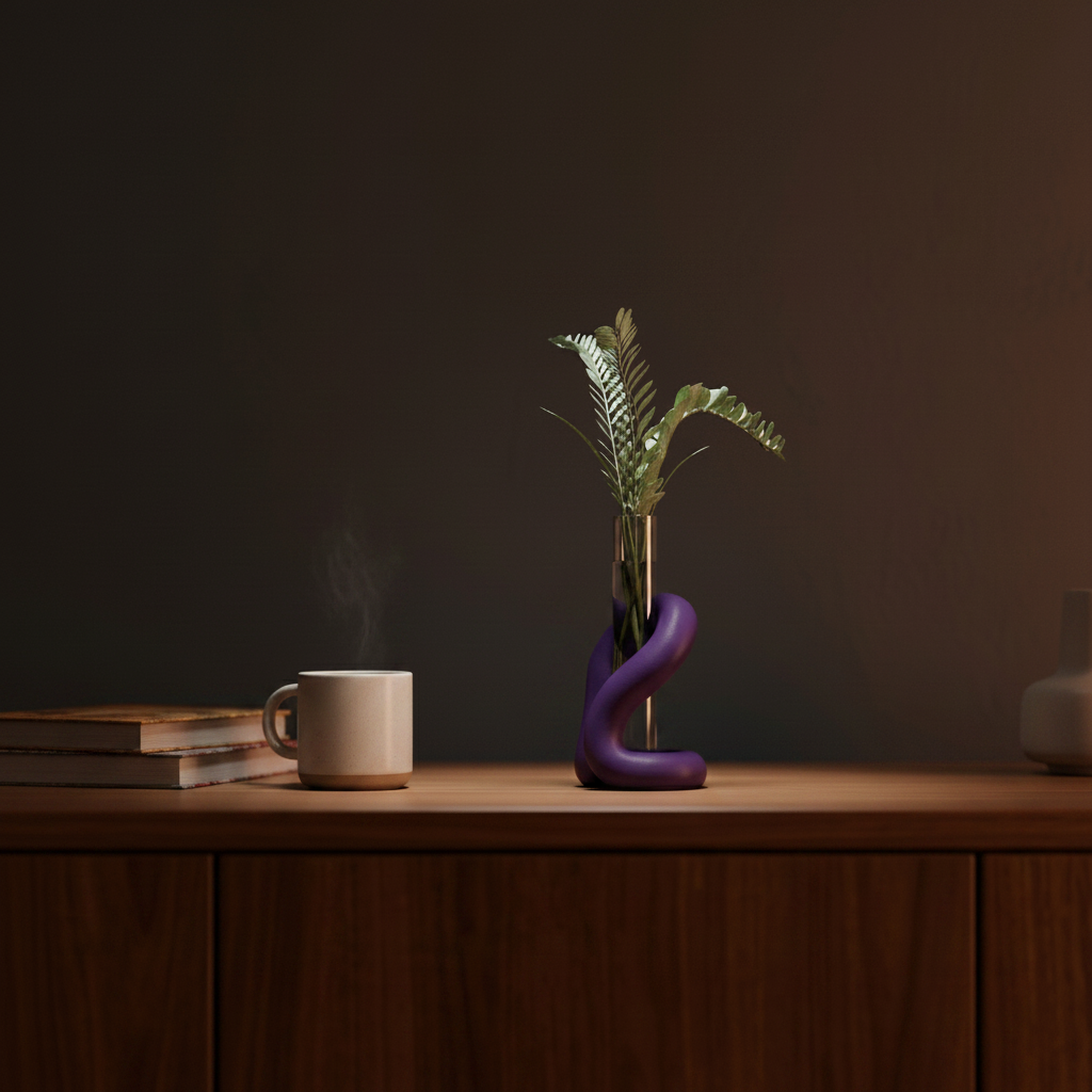 Purple loop stand on oak desk - lifestyle