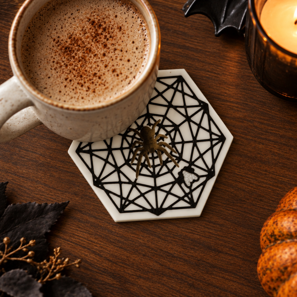 Overhead view of Spider Web Coaster and mug