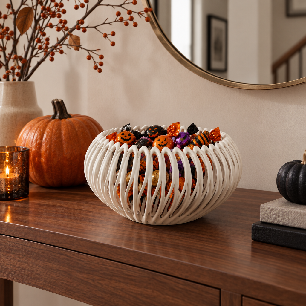 Bone Bowl with wrapped Halloween sweets on a console