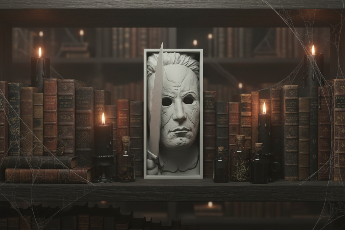 Jason Voorhees book nook relief sculpture white framed box dark wooden shelves vintage hardcover books black candles potion bottles spider webs atmospheric moody Halloween shelfie landscape editorial