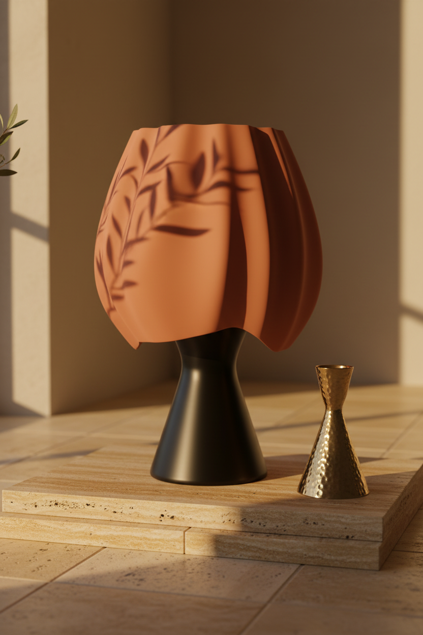 Terracotta orange draped organic lamp on travertine tiles with olive branch golden Mediterranean lifestyle