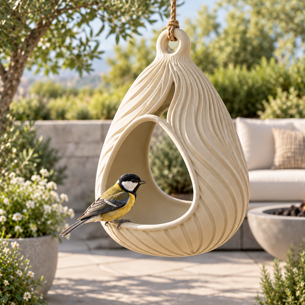 Sculpted bird feeder above modern stone patio