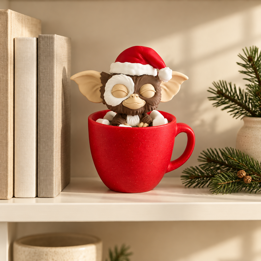 Gizmo in a red mug on a neutral bookshelf with a small evergreen sprig