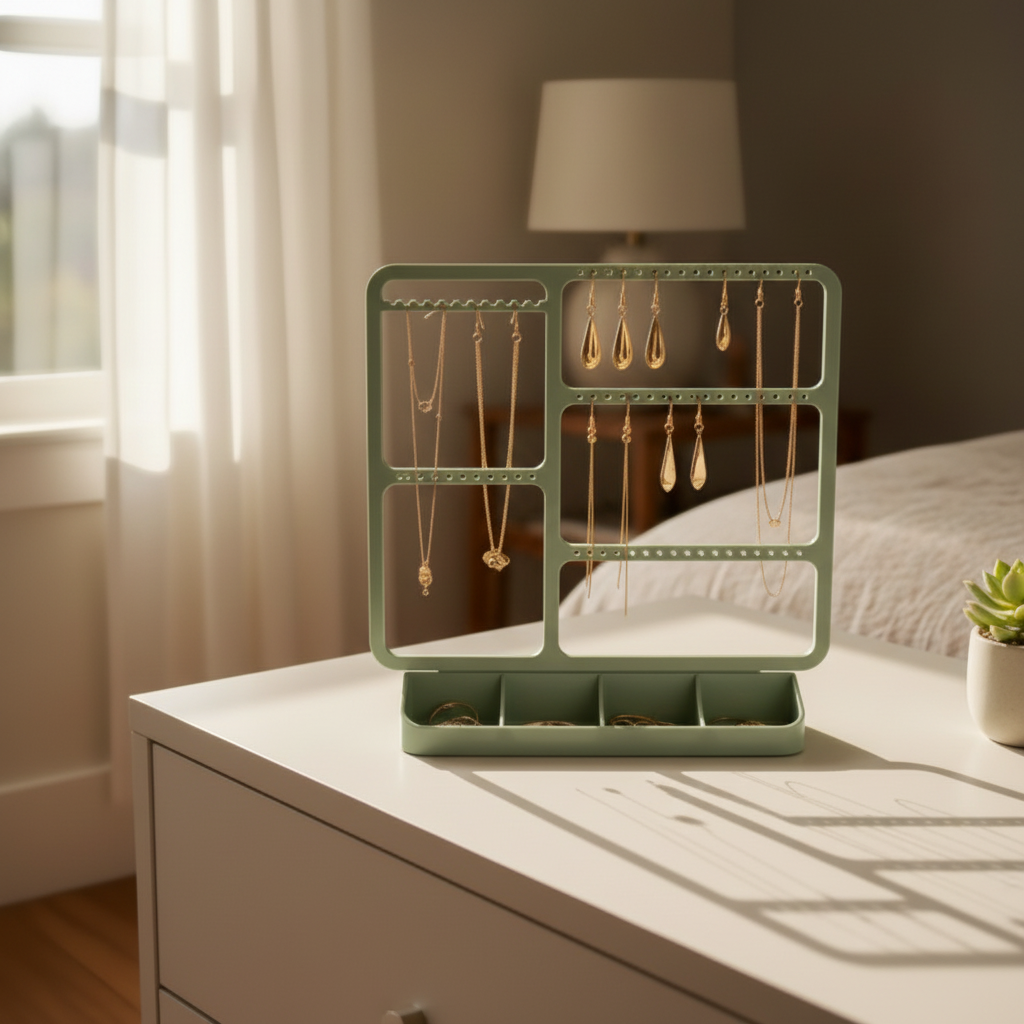 Sage green jewellery organizer on white dressing table with gold necklaces and earrings