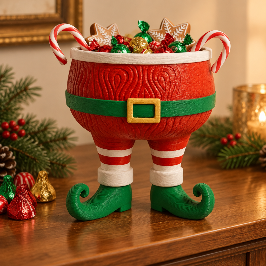 Close detail of the gold buckle, striped legs and curled green elf shoes on the Santa bowl