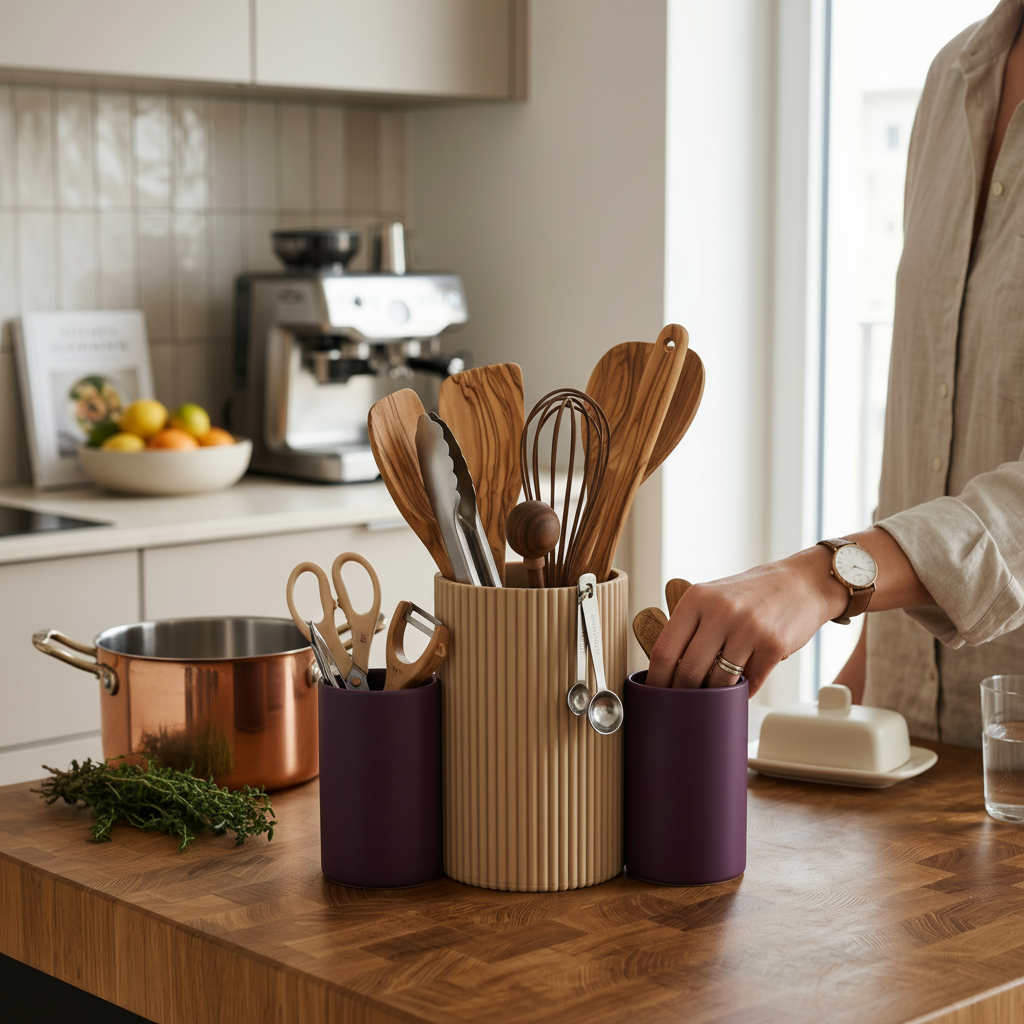 Three-Cup Combo Kitchen Utensil Caddy - beige and purple colourway filled with wooden spoons and spatulas on wooden counter, copper pot and herbs in background