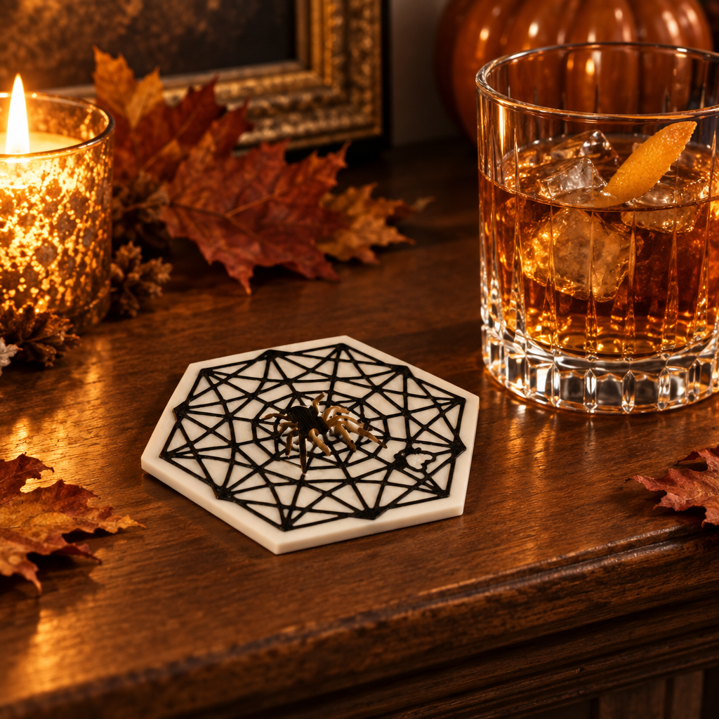 Spider Web Coaster on autumn mantel