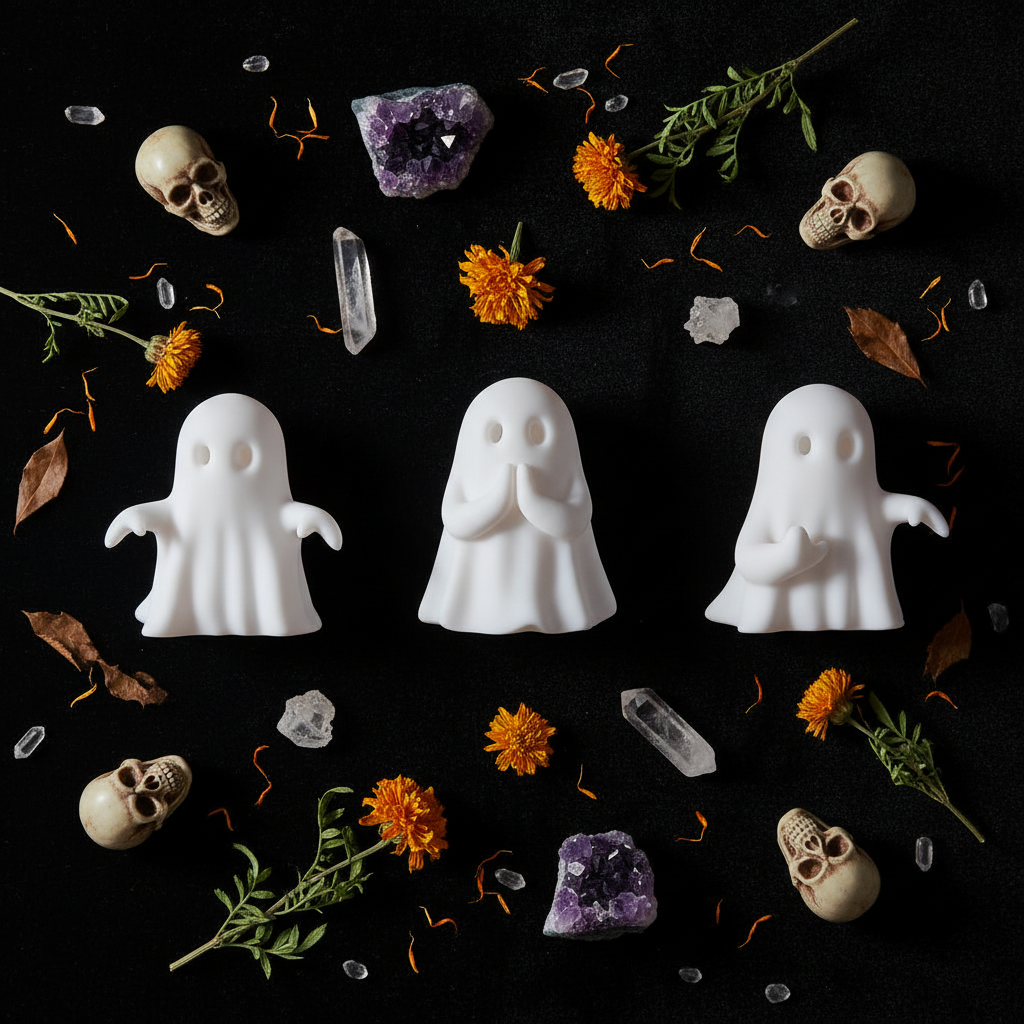 Ghost figurines on black velvet with skulls, crystals and dried flowers