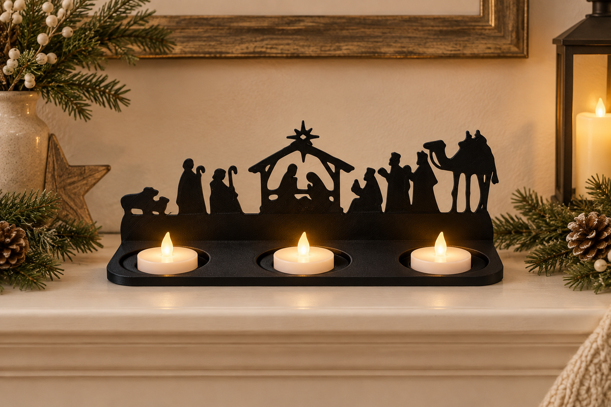 Nativity scene tealight holder displayed on a pale mantel with subtle evergreen.