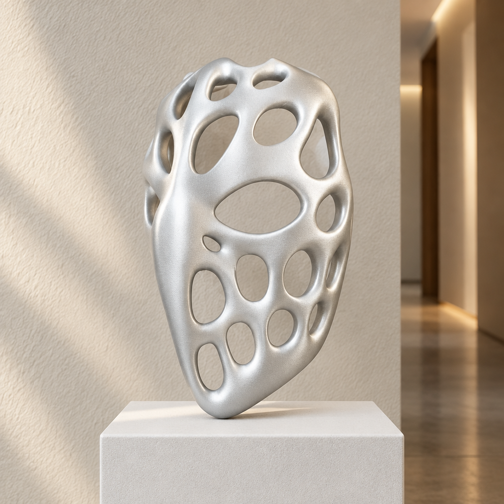 Silver organic Voronoi Mask displayed on a white plinth, strap not included