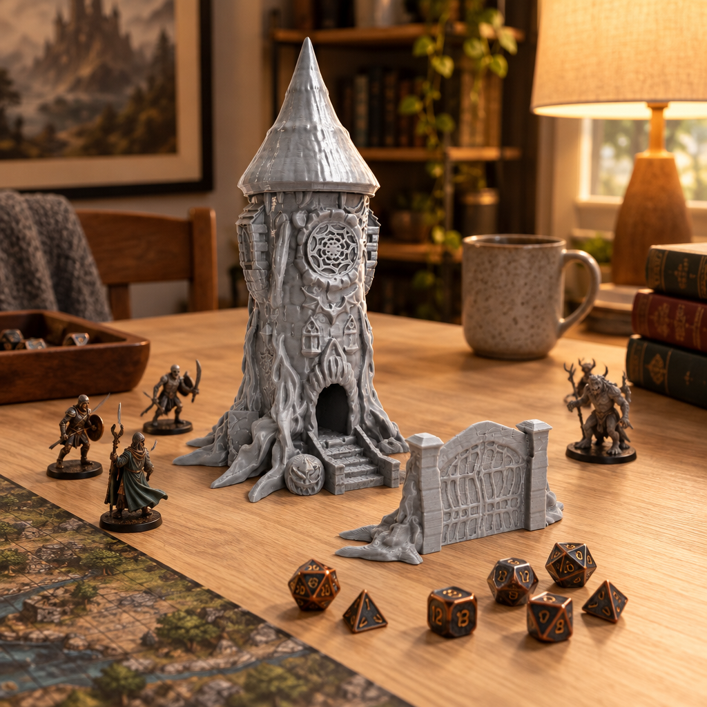 Grey Halloween dice tower beside a fantasy map, miniatures and polyhedral dice