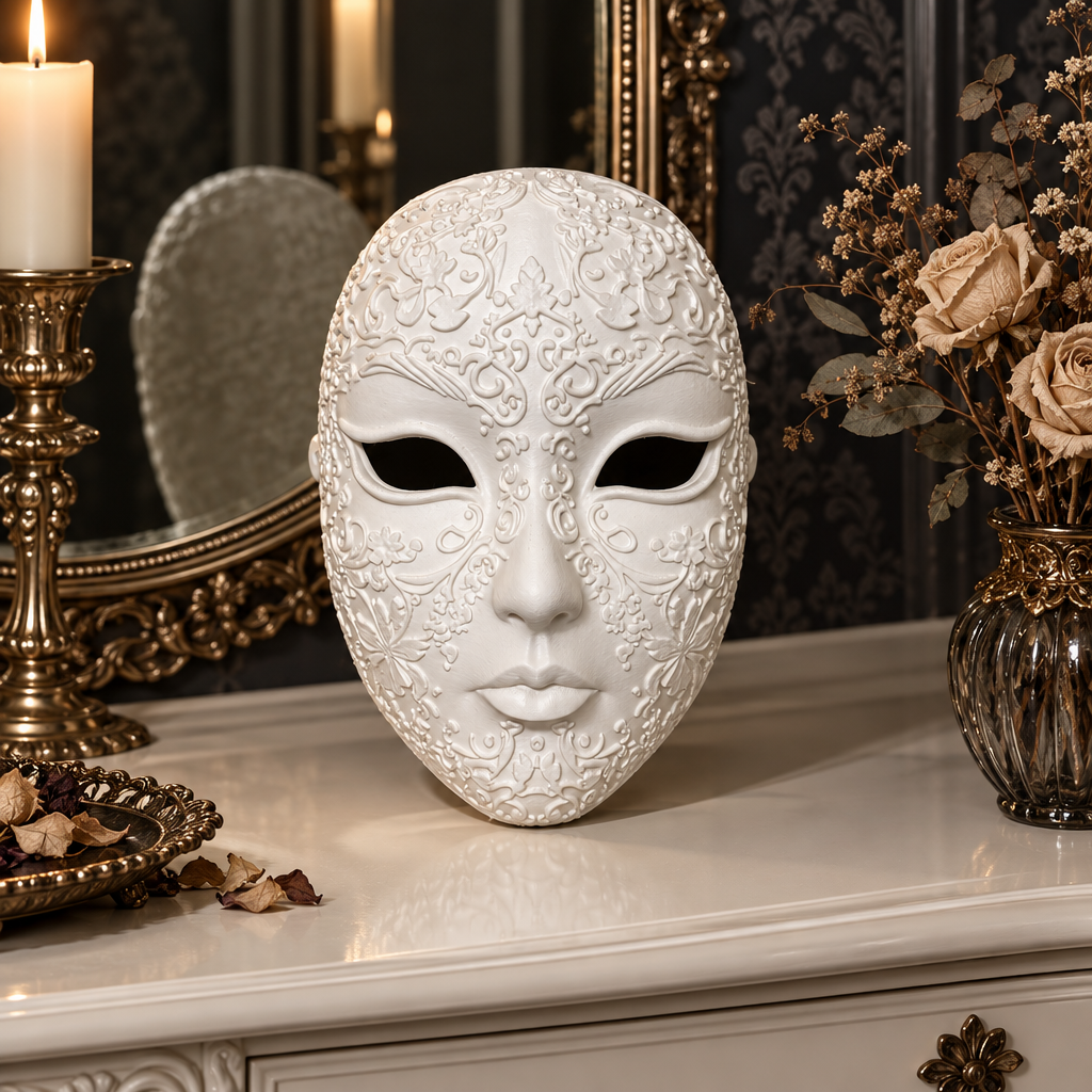 White decorative floral mask on an elegant dressing table