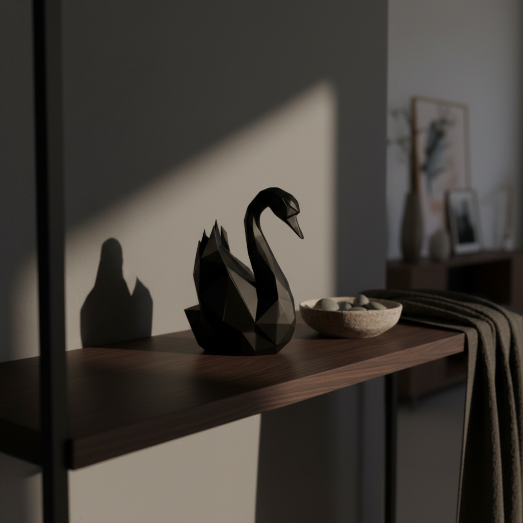 Matte black low-poly swan sculpture on dark shelf with dramatic lighting and gold trinket dish