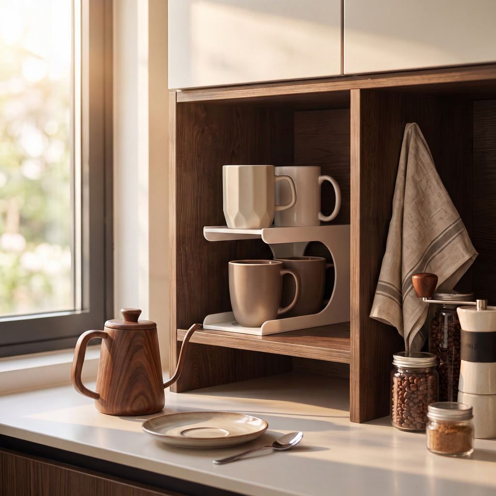 Cupstack inside open kitchen cabinet with warm wood shelving
