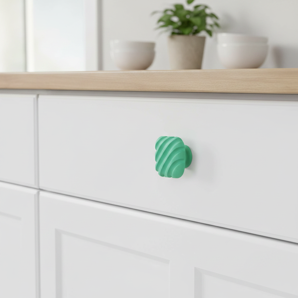 Ribbed handle in sage green on white shaker kitchen cabinet – Scandinavian lifestyle