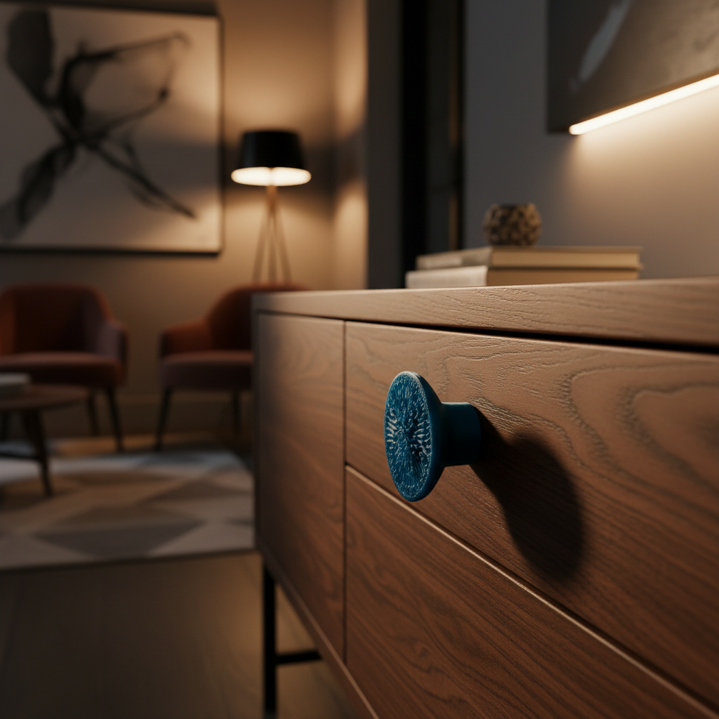 Modern Coral Pattern Cabinet Knob on dark oak sideboard