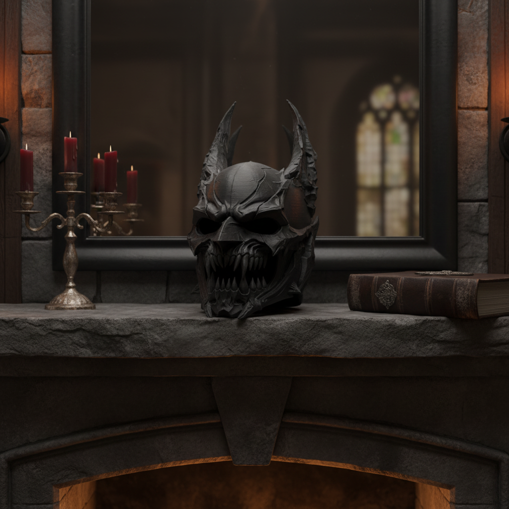 Deep charcoal Demon Skull Helmet Sculpture displayed on a stone mantelpiece in a gothic living room