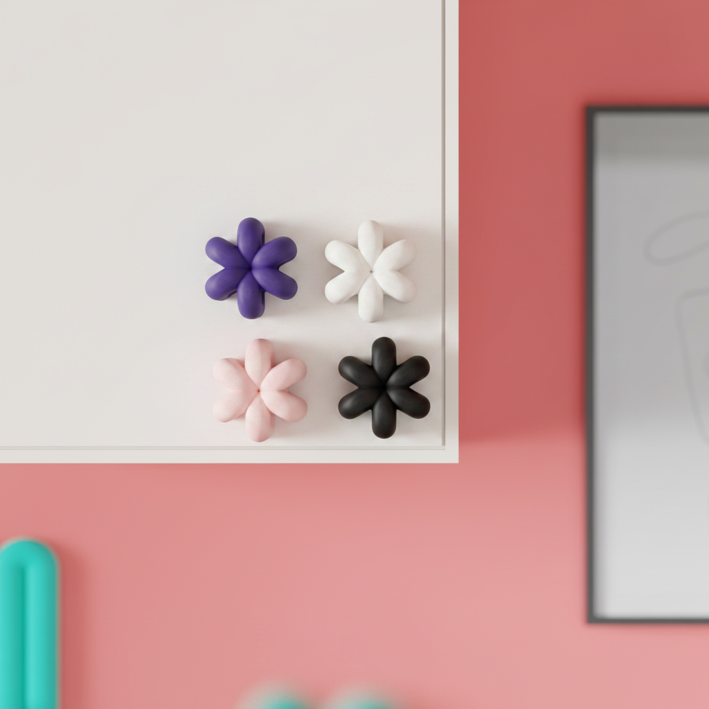 Wibble Cabinet Handle multi-colour display on white kitchen cabinets