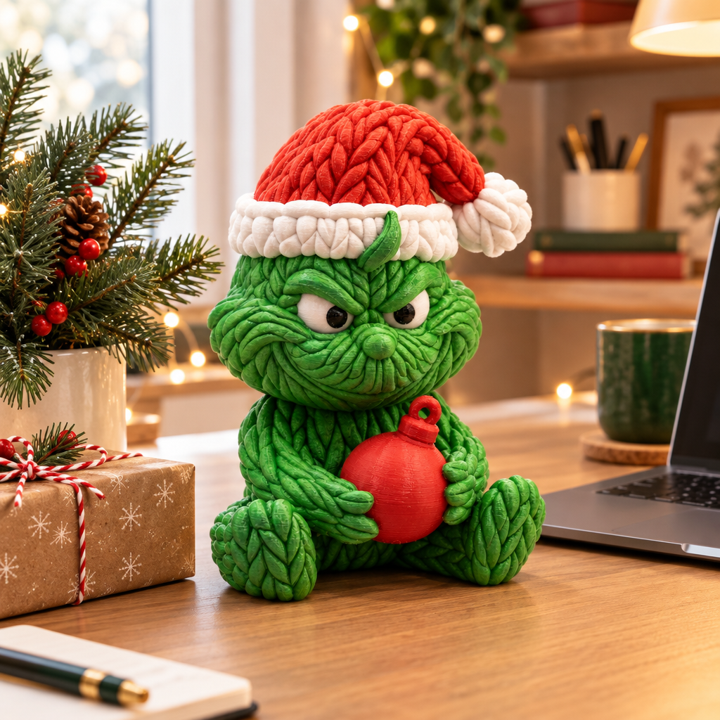 Knitted Grinch figure styled on a tidy Christmas home-office desk