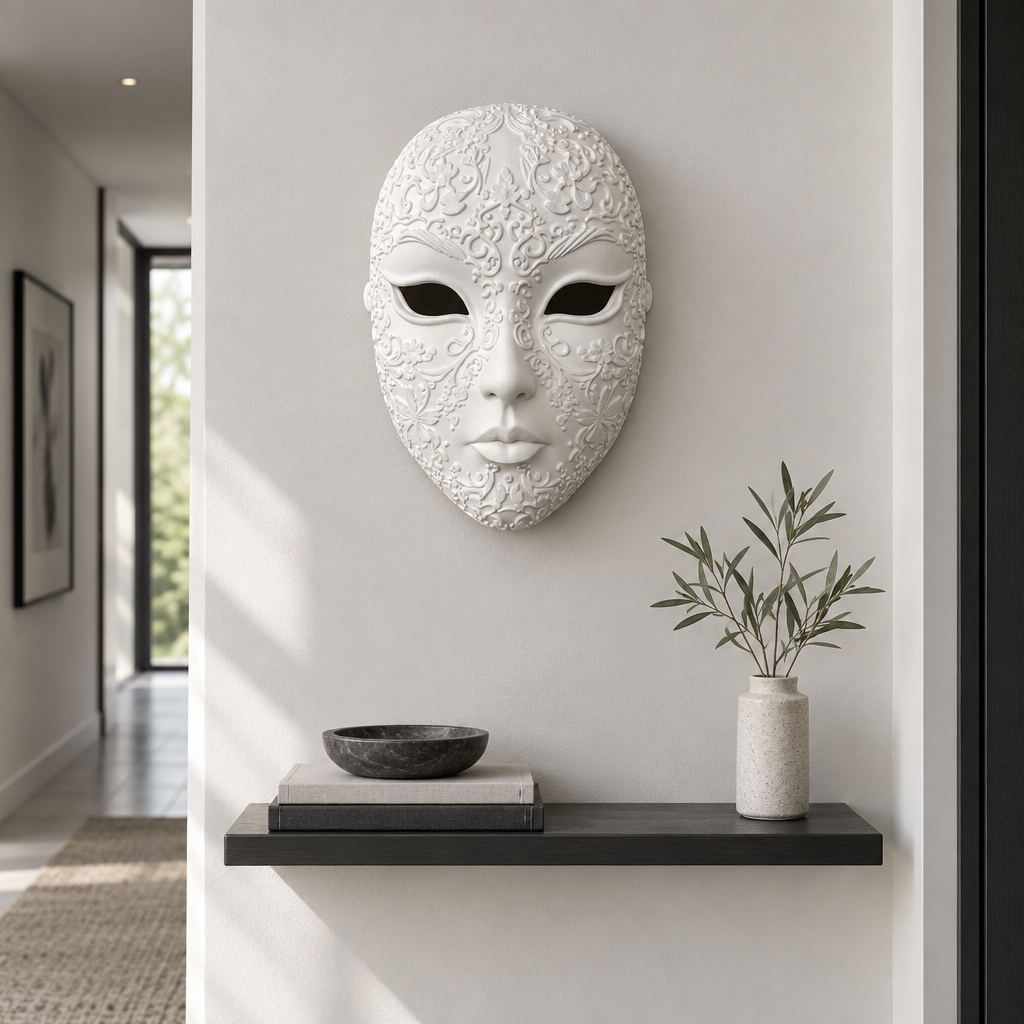 Ornate white mask displayed as wall decor in a monochrome hallway