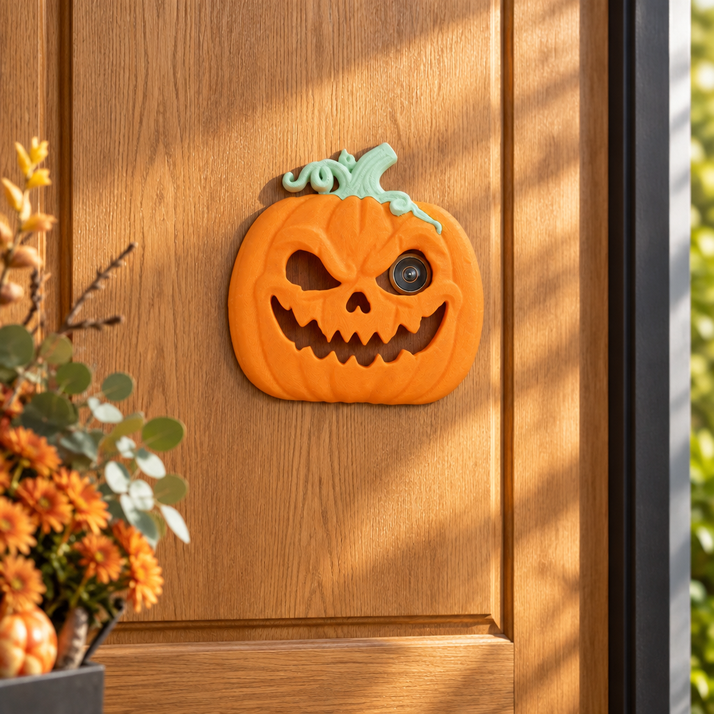 Pumpkin peephole decoration on oak door in sunlight