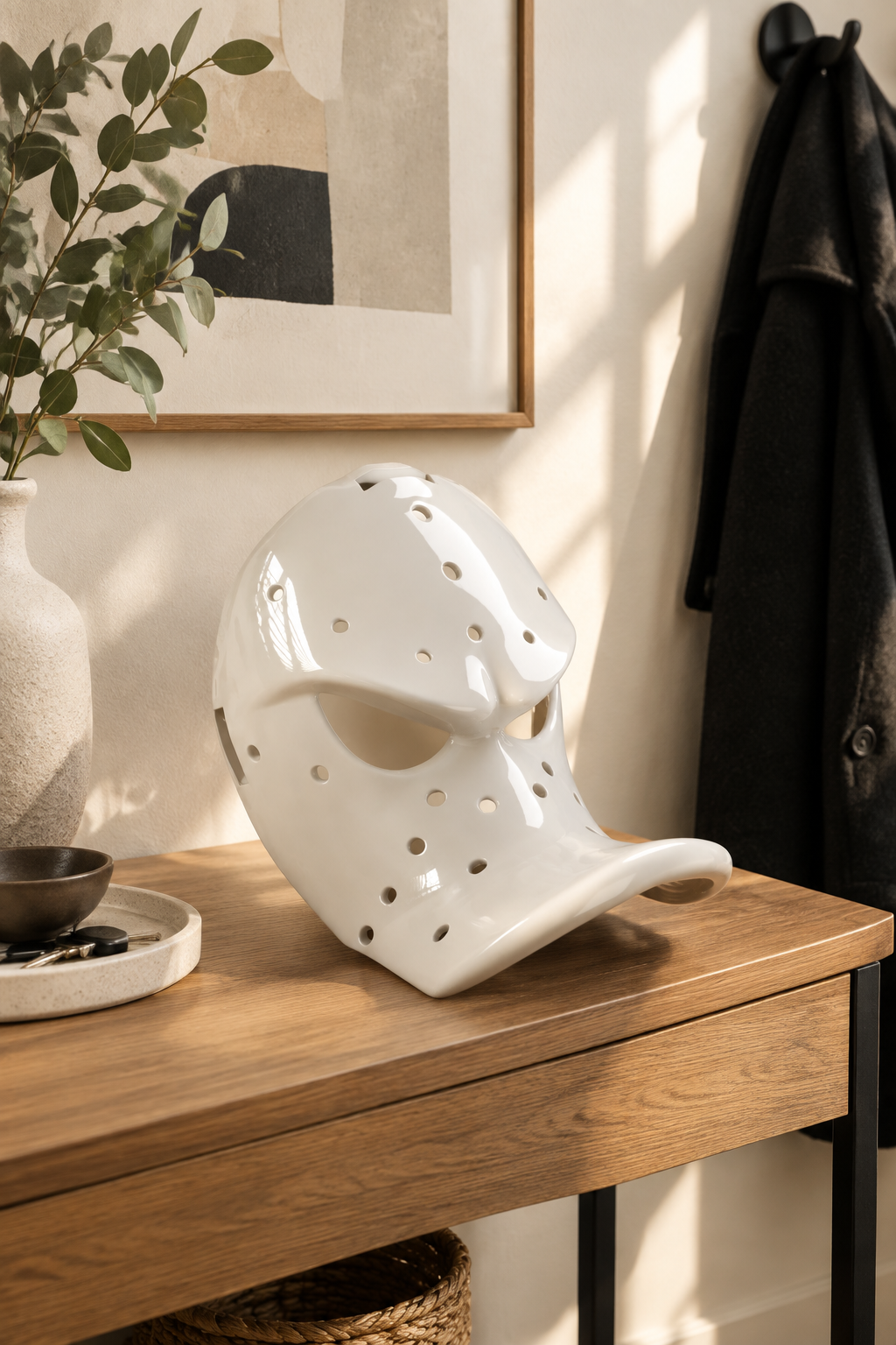 White perforated Duck Bill Mask displayed on a minimalist hallway console
