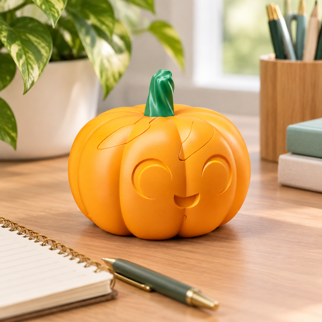 Spiral Pumpkin Puzzle displayed on a desk beside a notebook